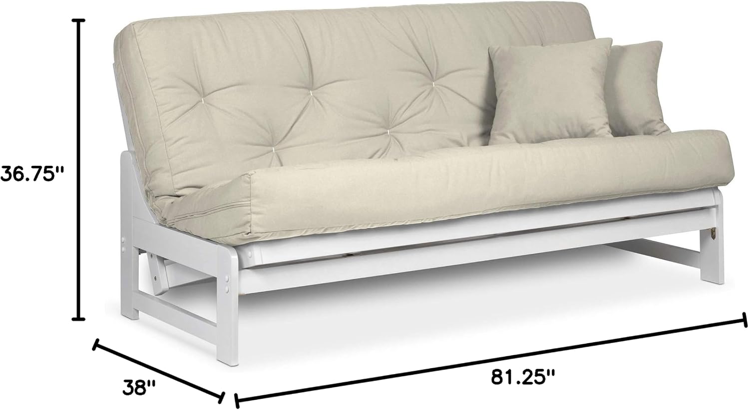 Nirvana Futons Arden White Futon Set Queen Size - Armless Futon Frame with Mattress Included (Twill Ivory), Space Saving Modern Sofa Bed Sleeper
