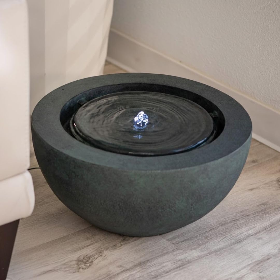 XBrand 19.8' W Round Sphere Water Fountain Indoor Outdoor with LED Light, Polyresin Bubbler Feature for Patio Garden Yard Home Décor, Dark Green