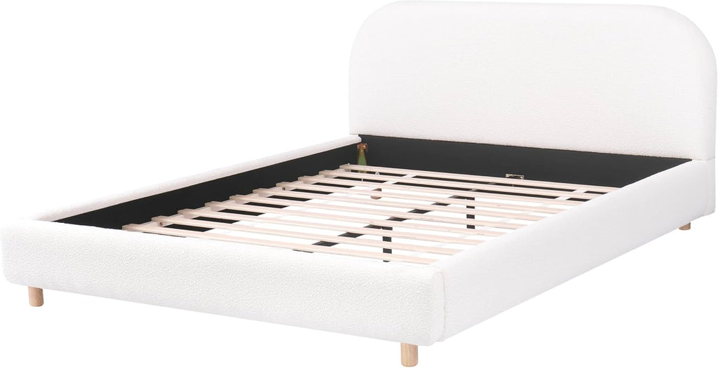 JIVOIT Queen Size Platform Bed with Curve-Shaped Design Headboard, Boucle Fabric Upholstered Platform Bed with Strong Support, Modern Bed Frame, No Box Spring Needed, Easy Assembly (White,Queen,8)