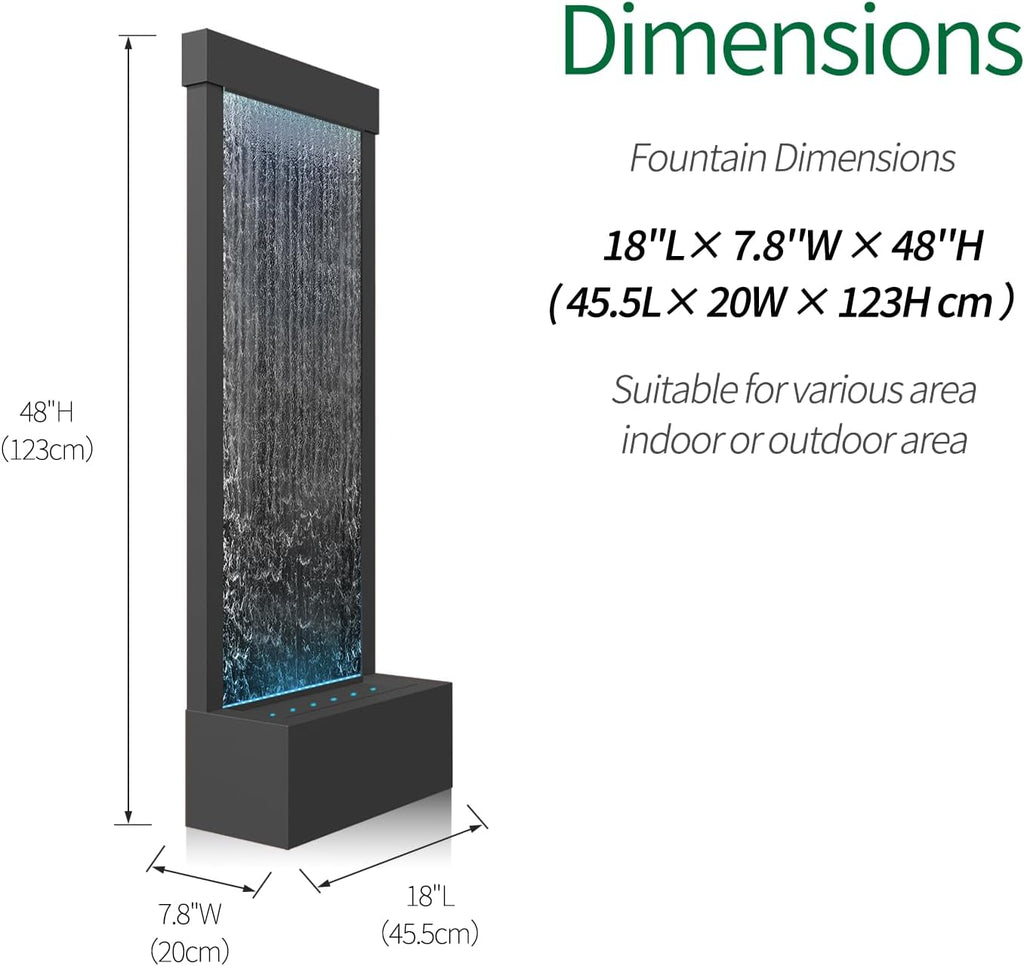 LONGRUN 48' Indoor Waterfall Fountain with LED Lights - 7-Color Illuminated Mirror Waterfall, Self-Contained Water Feature Kit for Home Decor, Large Indoor Fountain with Captivating Water Flow