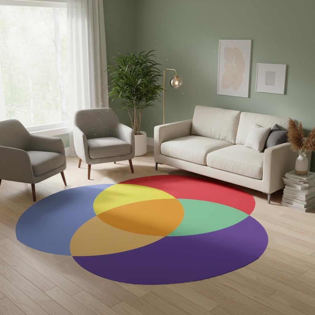 Color Theory Rug 7' Irregular Shape Washable Modern Carpet for Living Room Bedroom Dining Room Home Office Guest Room Faux Wool Stain Resistant Durable Art Deco Area Rugs Red Purple Green