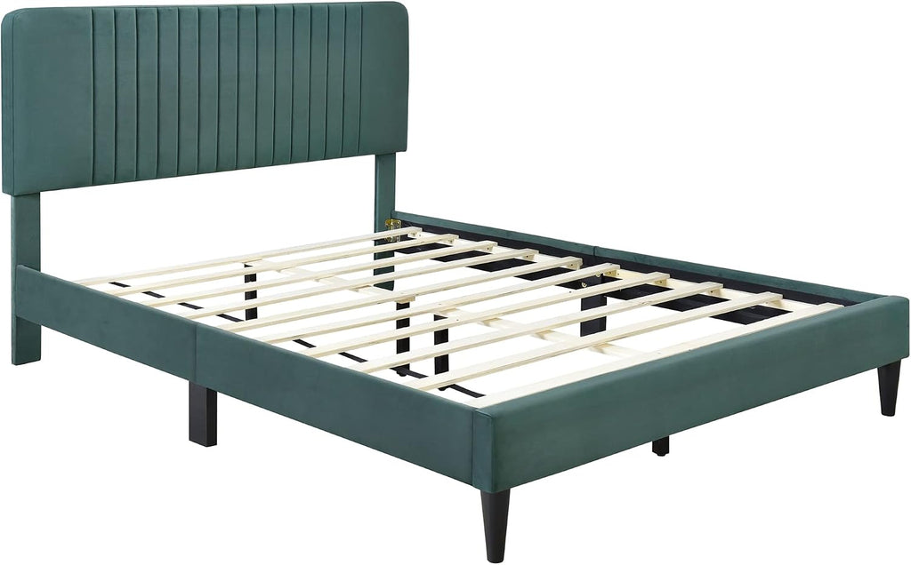 4-Pieces Bedroom Sets Queen Size Upholstered Platform Bed with Two Nightstands and Storage Bench-Green