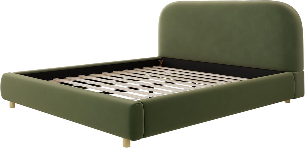 Queen Size Platform Bed with Curve-Shaped Design Headboard, Velvet Fabric Upholstered Platform Bed with Strong Support, Modern Bed Frame, No Box Spring Needed, Easy Assembly (Olive Green,Queen,8)