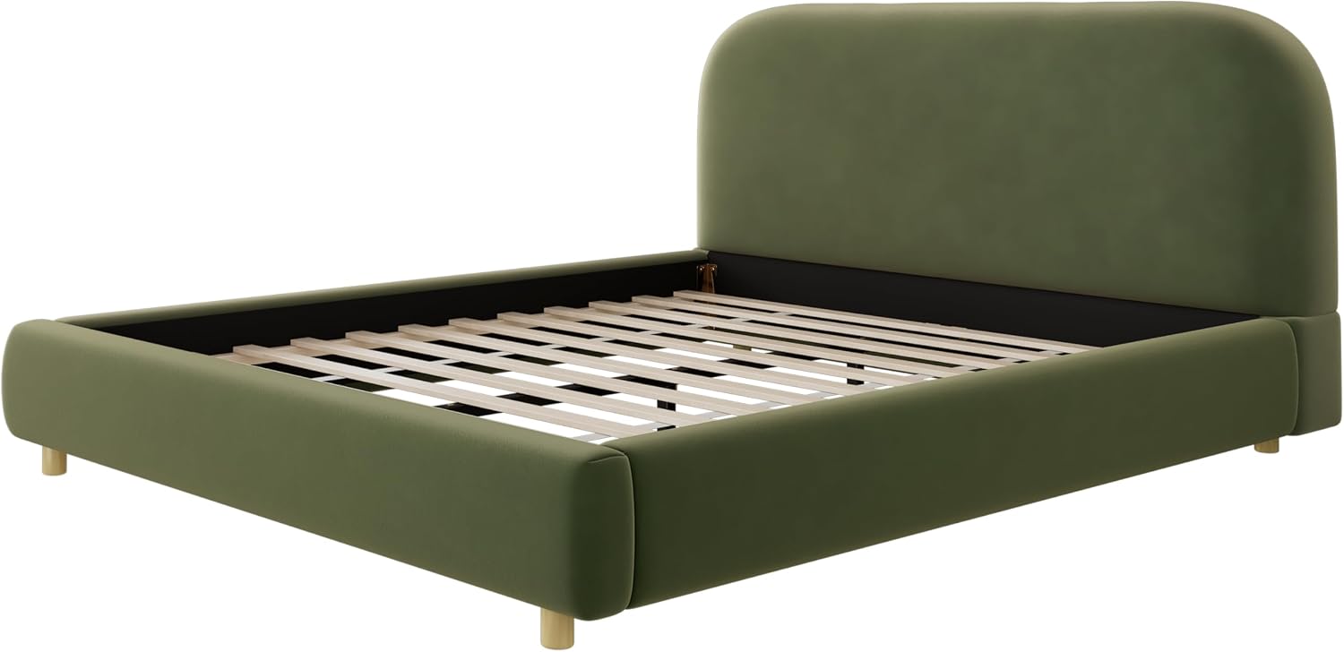 Queen Size Platform Bed with Curve-Shaped Design Headboard, Velvet Fabric Upholstered Platform Bed with Strong Support, Modern Bed Frame, No Box Spring Needed, Easy Assembly (Olive Green,Queen,8)