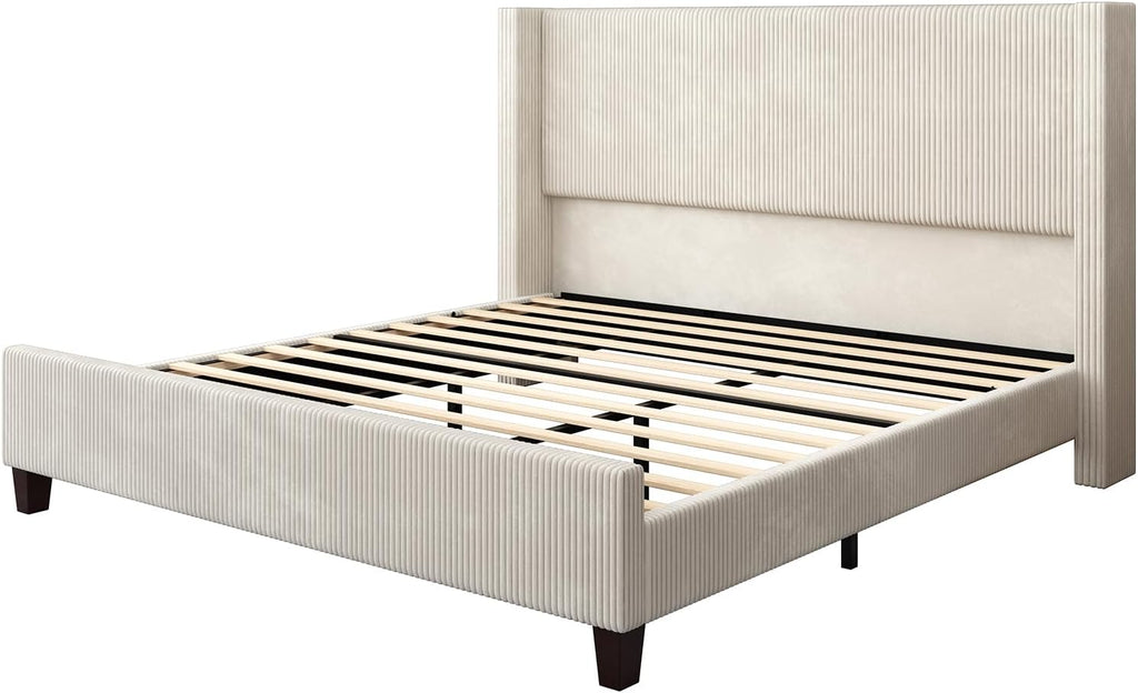 HOWE California King Bed Frame with 50.8' Tall Wingback Headboard, Modern Corduroy Upholstered Platform Bed Frame with Solid Wood Slats & Legs, No Box Spring Needed, Noise-Reducing Design, Cream