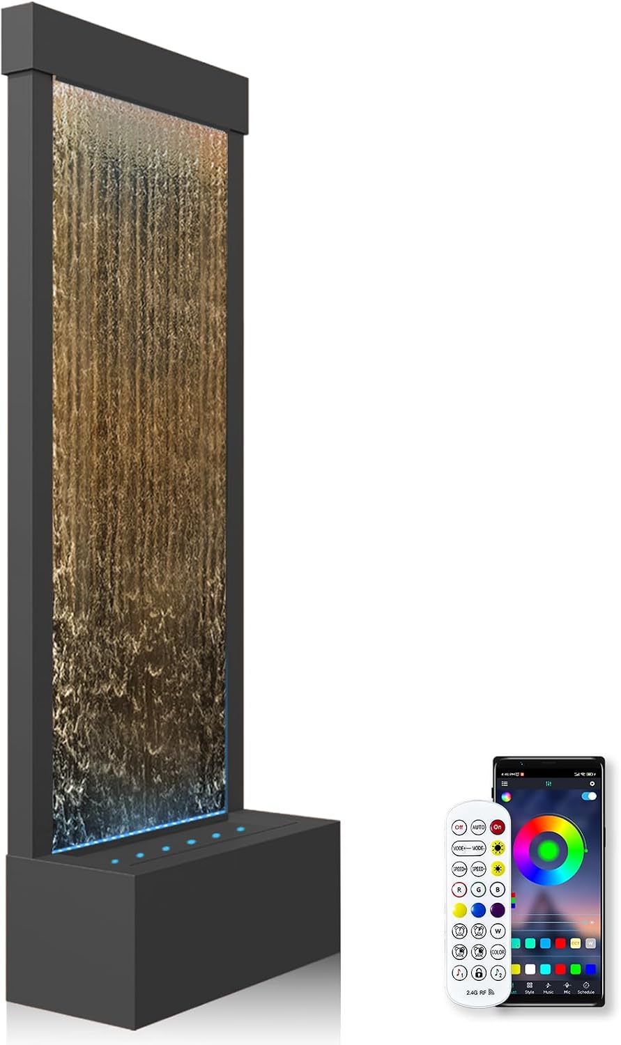 LONGRUN 48' Indoor Waterfall with App-Controlled RGB Lights, Elegant Floor Fountain, Floor Standing Water Feature, Indoor Fountain & Waterfall Freestanding Home Decor Easy Setup Water Fall Black-Brown