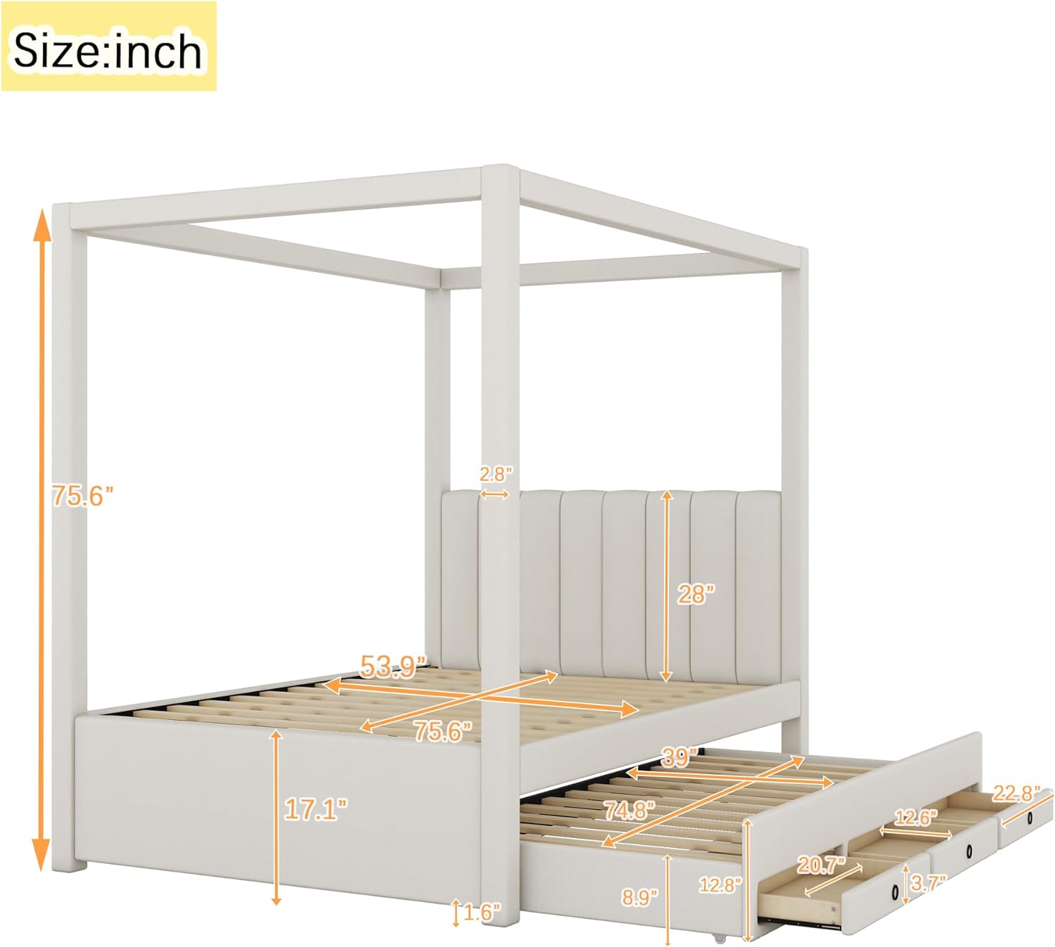 Modern Full Size Upholstery Canopy Platform Bed with Trundle and 3 Storage Drawers, Full Size Linen Storage Platform Bed with Backrest and Wood Slat Support for Kids and Teens (Beige, Full)