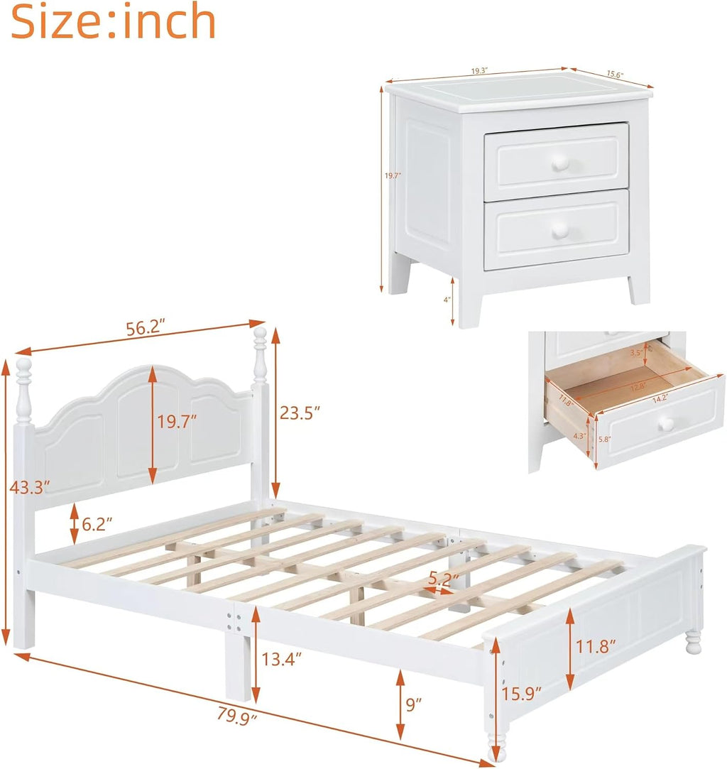 Merax 3 Pieces Modern Wood Bedroom Set with Full Size Platform Bed, 2 Nightstands with Drawers White