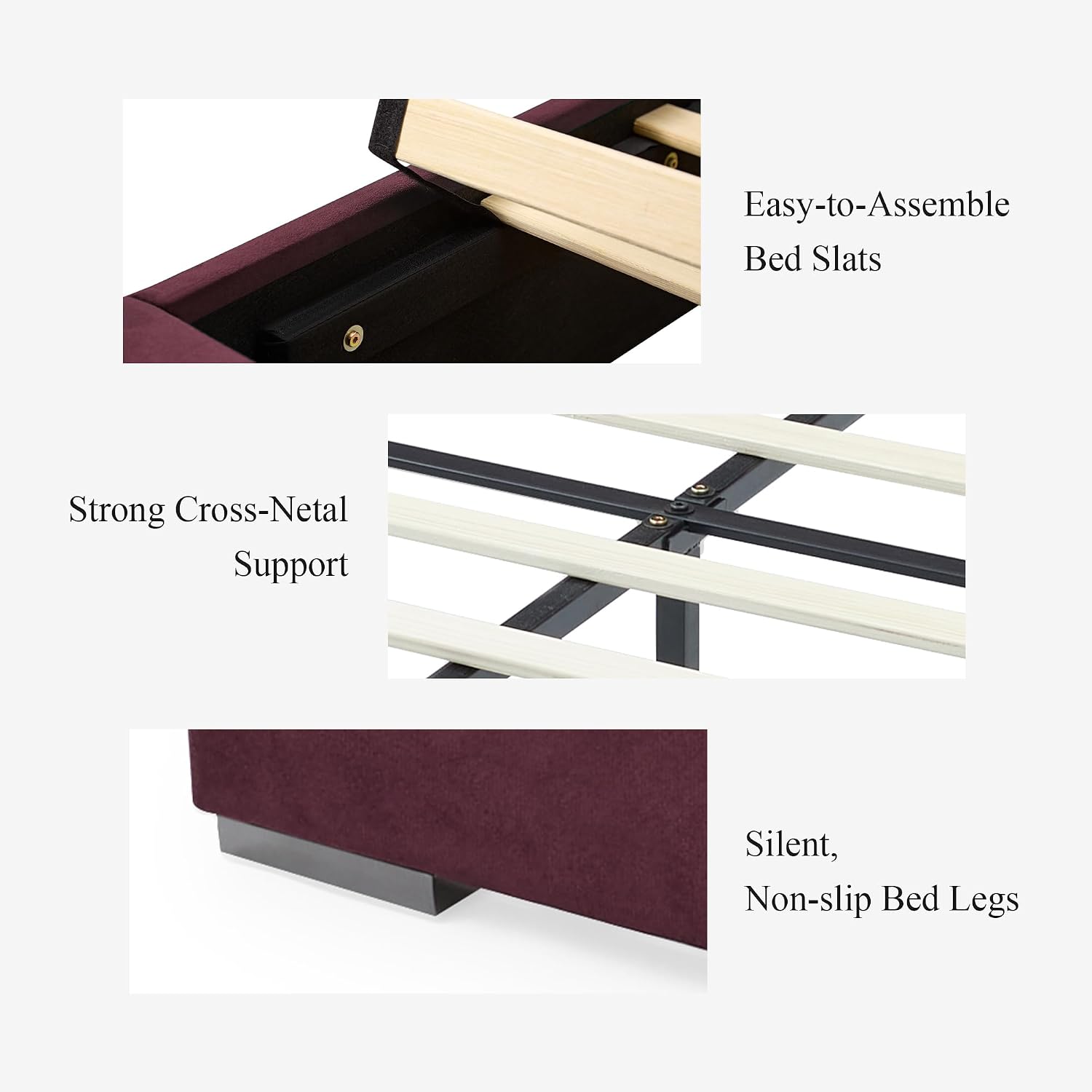 DEINPPA Luxury Queen Bed Frame with Built-in Gold LED Lights and Nightstands, Queen Size Platform Bed with Oversize Upholstered Headboard, No Box Spring Needed-Burgundy