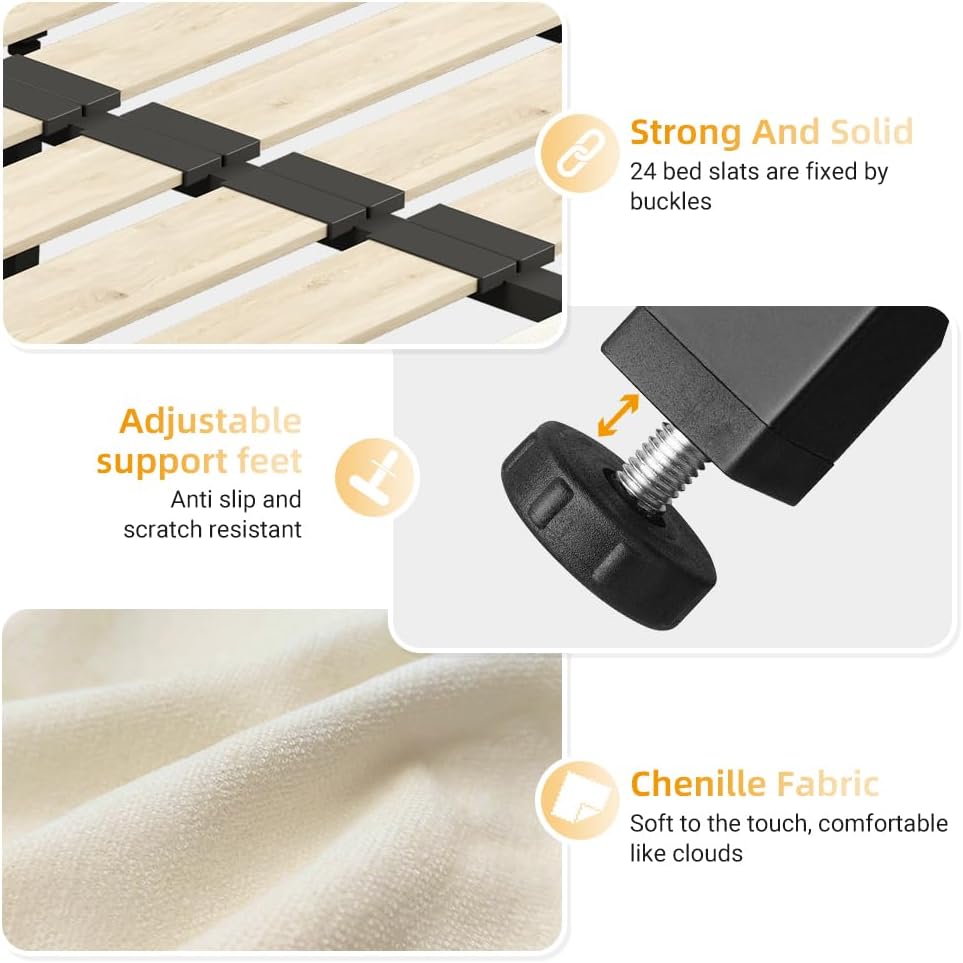 King Size Platform Bed Frame, Tufted Headboard with Extra-Large Ultra-Soft Cloud Pillow Design, Chenille Platform Bed with Metal and Wooden Slats Double Support, No Box Spring Needed (Beige-King,7)