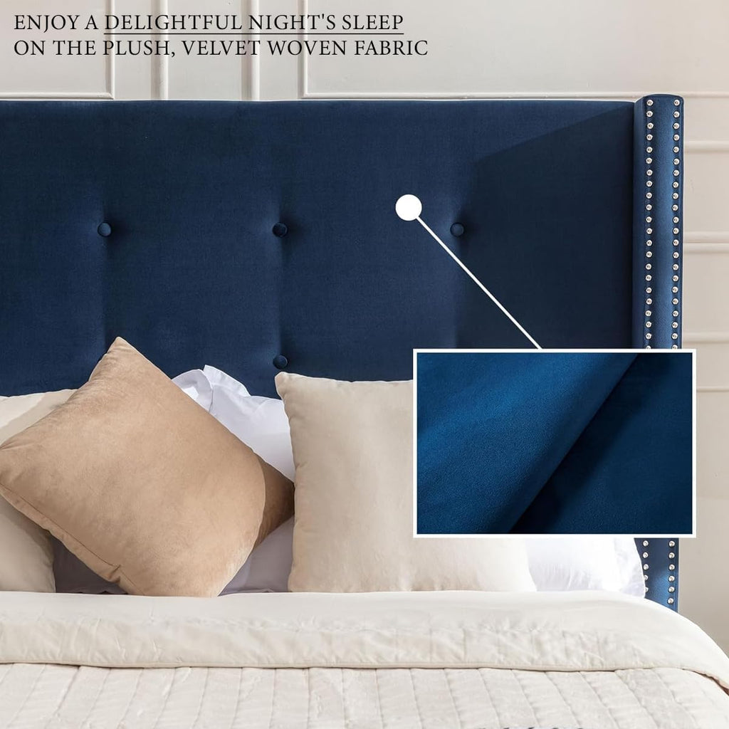 Queen Size Bed Frame,54'High Headboard Button Tufted Nailhead Trimmed Backrest Headboard,Velvet Metal Upholstered Platform Bed Frame,Wooden Slats Provide Strong Support,No Springs Required,Blue