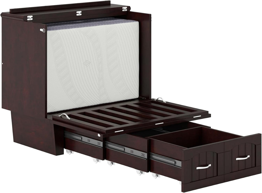 AFI, Nantucket Twin Murphy Bed Chest with Mattress, Storage Drawer and Built-In USB Charger, Espresso