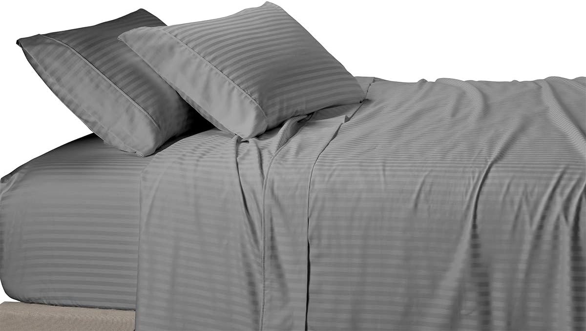 Royal Tradition Damask Striped 580-Thread-Count, 100-Percent Cotton Olympic Queen Size Bed Sheets Set, Grey