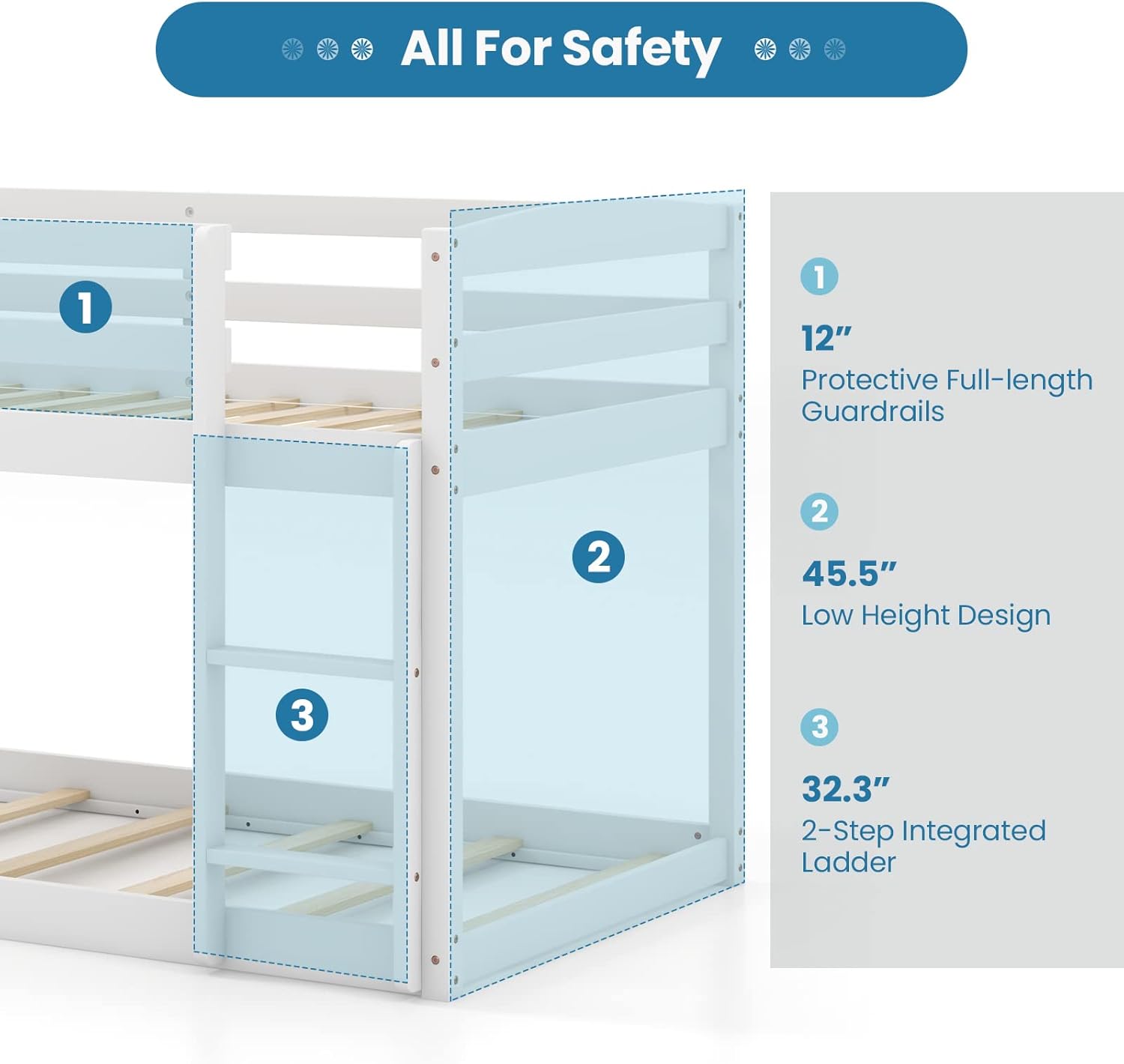 KOMFOTT Low Bunk Bed Twin Over Twin, Solid Wood Bunk Bed Frame with Built-in Ladder & Safety Guardrails, Space-Saving Low Bunk Bed for Kids, Teens, No Box Spring Needed