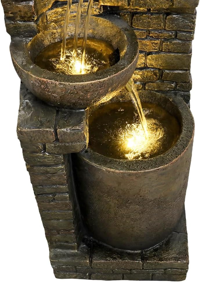 Hamiedun 38.2 ''H Water Fountain Outdoor Cascading Bowls and Stacked Stones with Led Lights Waterfalls Fountain for Outside Gardens, Landscaping, Balconies, Floor Patio,Backyard and Home Art Decor