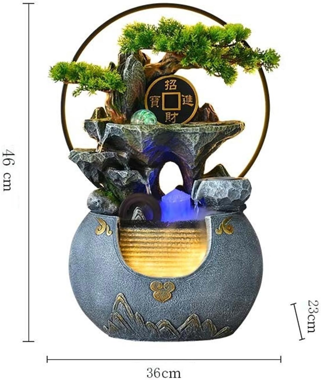 Tabletop Fountain Waterfall Tabletop Water Fountain Rockery with Waterfall and Decorative Piece for Home Office Decor(Gris)