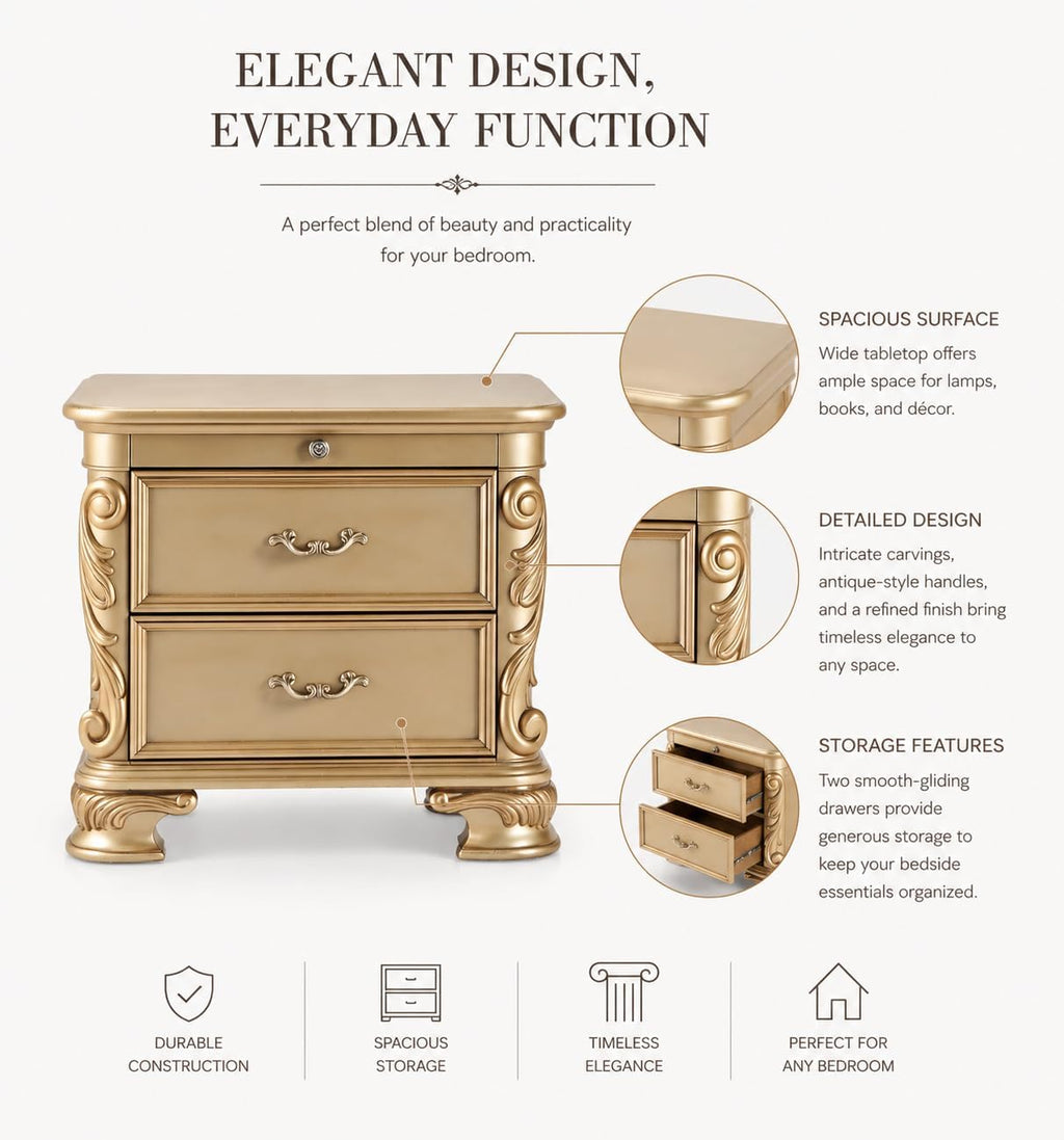 First of a Kind Miranda Gold Finish Traditional Nightstand - High Gloss Style Bedside Table, Upholstered Design, Ornate Carved Wood Accent Furniture for Coordinated Bedroom Interiors