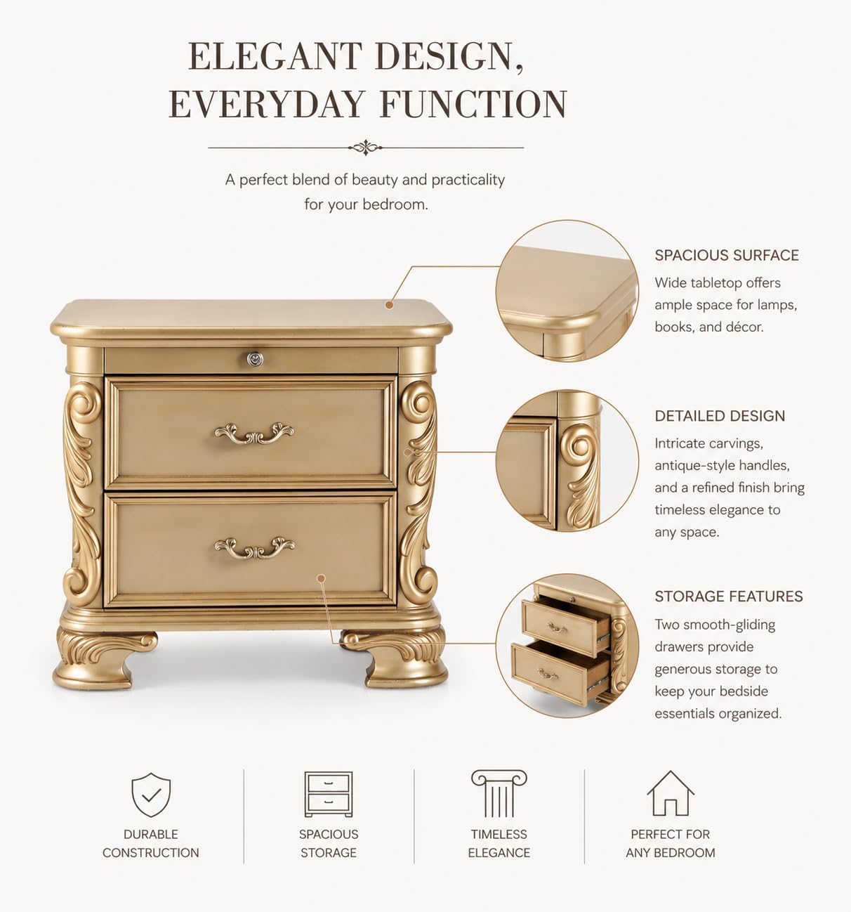 First of a Kind Miranda Gold Finish Traditional Nightstand - High Gloss Style Bedside Table, Upholstered Design, Ornate Carved Wood Accent Furniture for Coordinated Bedroom Interiors