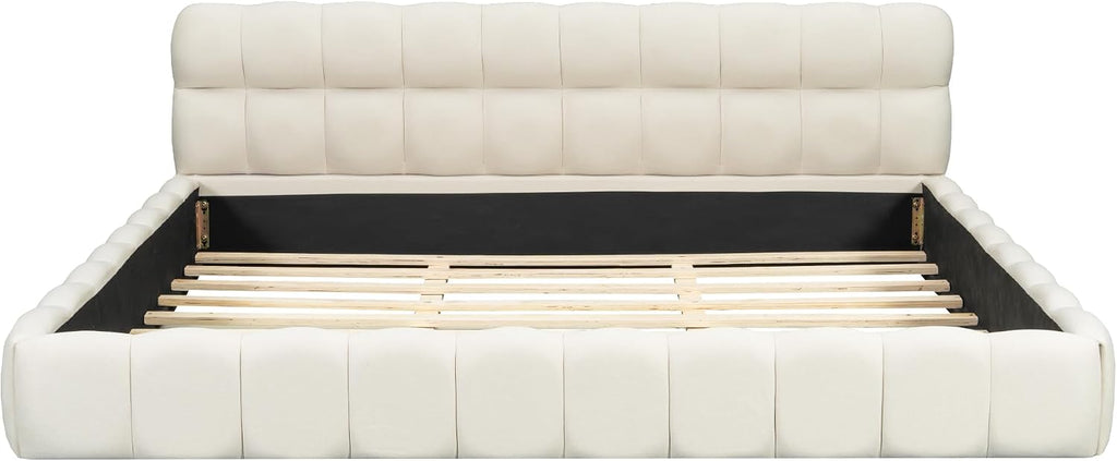 King Size Modern Cloud Bed,King Size Upholstered Platform Bed with Thick Fabric, Grounded Bed with Solid Frame,Floor Bed Frame (Beige)
