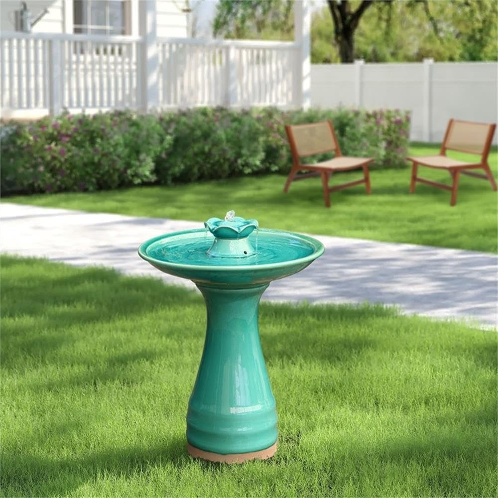 LuxenHome 22 Inch Ceramic Bird Bath Fountain, Elegant Glazed Outdoor Water Feature with Lotus Design, Freestanding Waterfall Birdbath Garden Water Fountain for Backyard, Patio