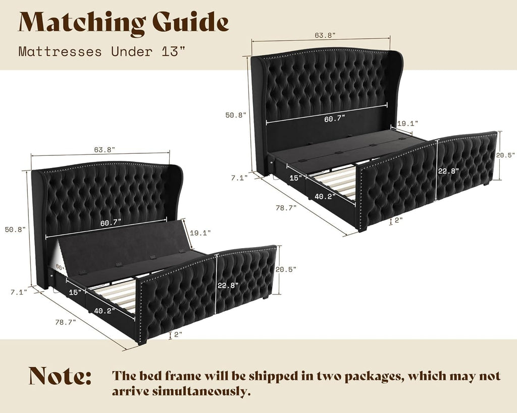 AMERLIFE 51' H Queen Size Adjustable Bed Frame with Velvet Upholstered and Deep Button Tufted Headboard, Electric Bed with Dual Motor/Nailhead Trim Wingback, No Box Spring Needed, Black