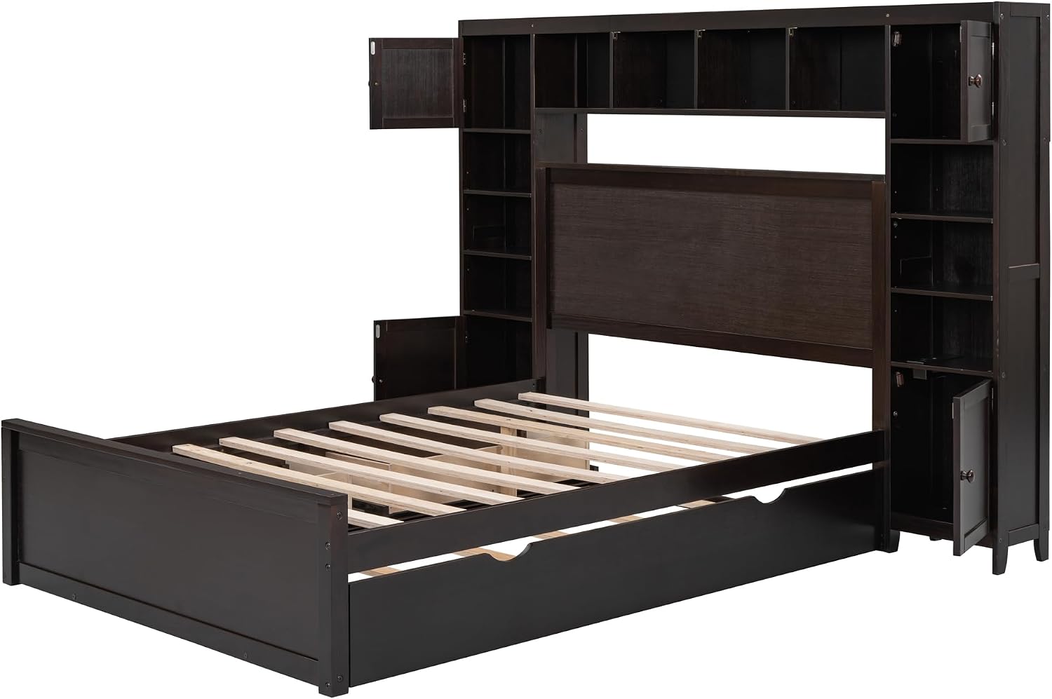 Harper & Bright Designs Full Platform Bed with All-in-One Cabinet, Shelf and Sockets Wood Full Size Beds with Trundle & 2 Drawers, Full Bed Frame for Bed Room, No Box Spring Needed,Espresso