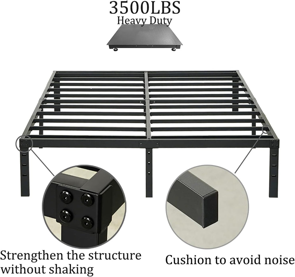 Wulanos King Size Bed Frame 18 inch Tall, 3500lbs Heavy Duty Metal Platform with Steel Slats Support, No Box Spring Needed, 18-inch Bedframe with Ample Storage, Sturdy and Noise-Free, Black