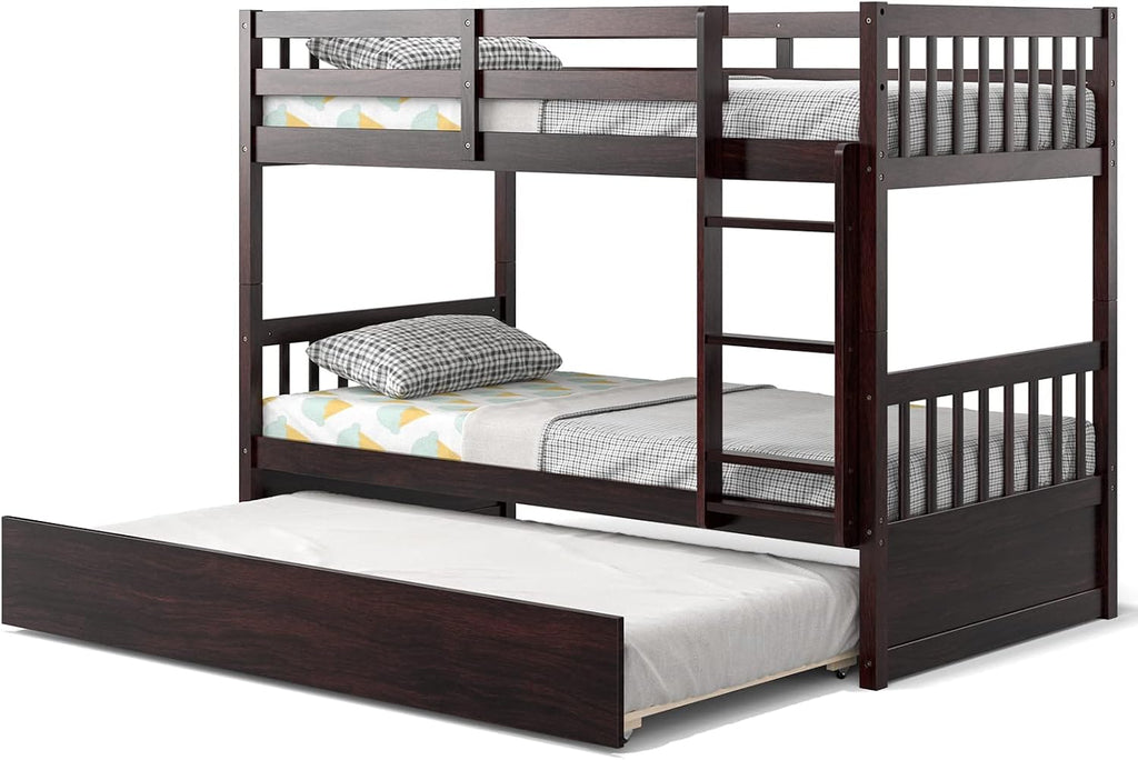 KOMFOTT Wood Twin Over Twin Bunk Bed with Trundle, Solid Pine Wood Bunk Bed Frame with Ladder & Safety Guardrails, Space-Saving Convertible Twin Bed Frame for Home & Dormitory, No Box Spring Needed