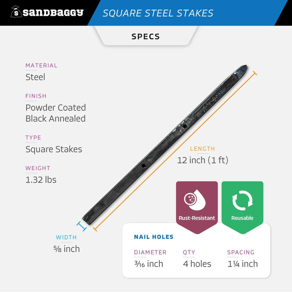 Sandbaggy 12' Square Steel Concrete Form Stakes with Nail Holes - 5/8' Wide - Rust Resistant Coating - Removable, Reusable - Construction Grade Stakes (12 inch, 100)
