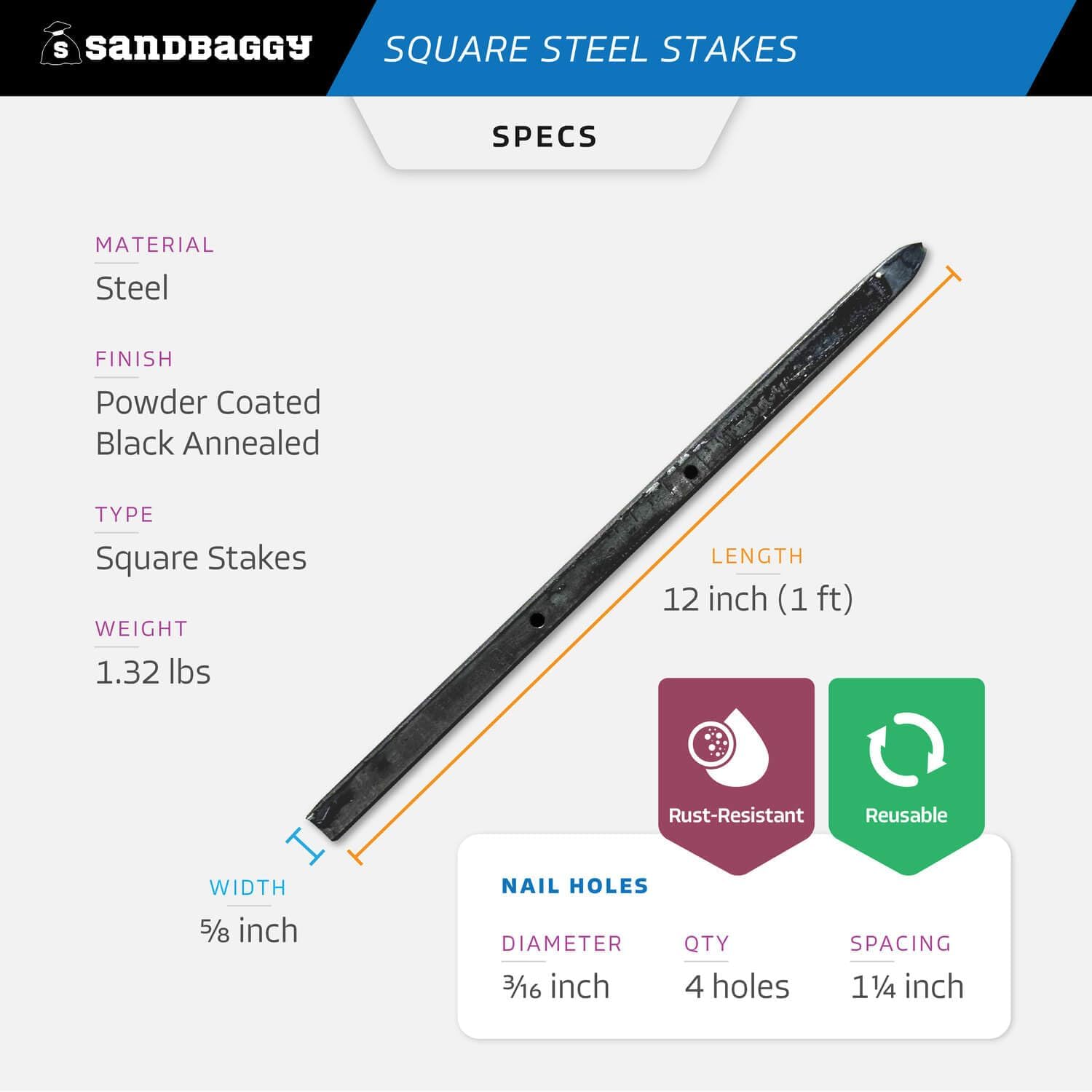 Sandbaggy 12' Square Steel Concrete Form Stakes with Nail Holes - 5/8' Wide - Rust Resistant Coating - Removable, Reusable - Construction Grade Stakes (12 inch, 100)