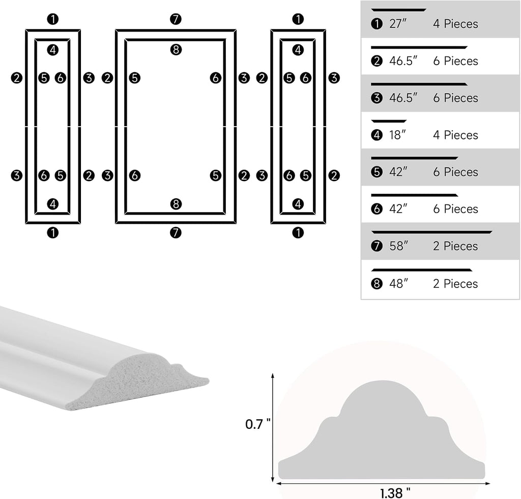 KASARO Pre-Cut Wall Molding Kit, Wainscoting Ready to Assemble 3D Panel for Interior Decor, Premade PS White Picture Frame Style Accent Wall Molding, 6-Frame