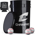 Champro CBB-200D Full Grain Leather Cover Baseballs with Cosmetic Blem in a Black Champro Bucket – 30 Balls and one Rods Can Sleeve Included