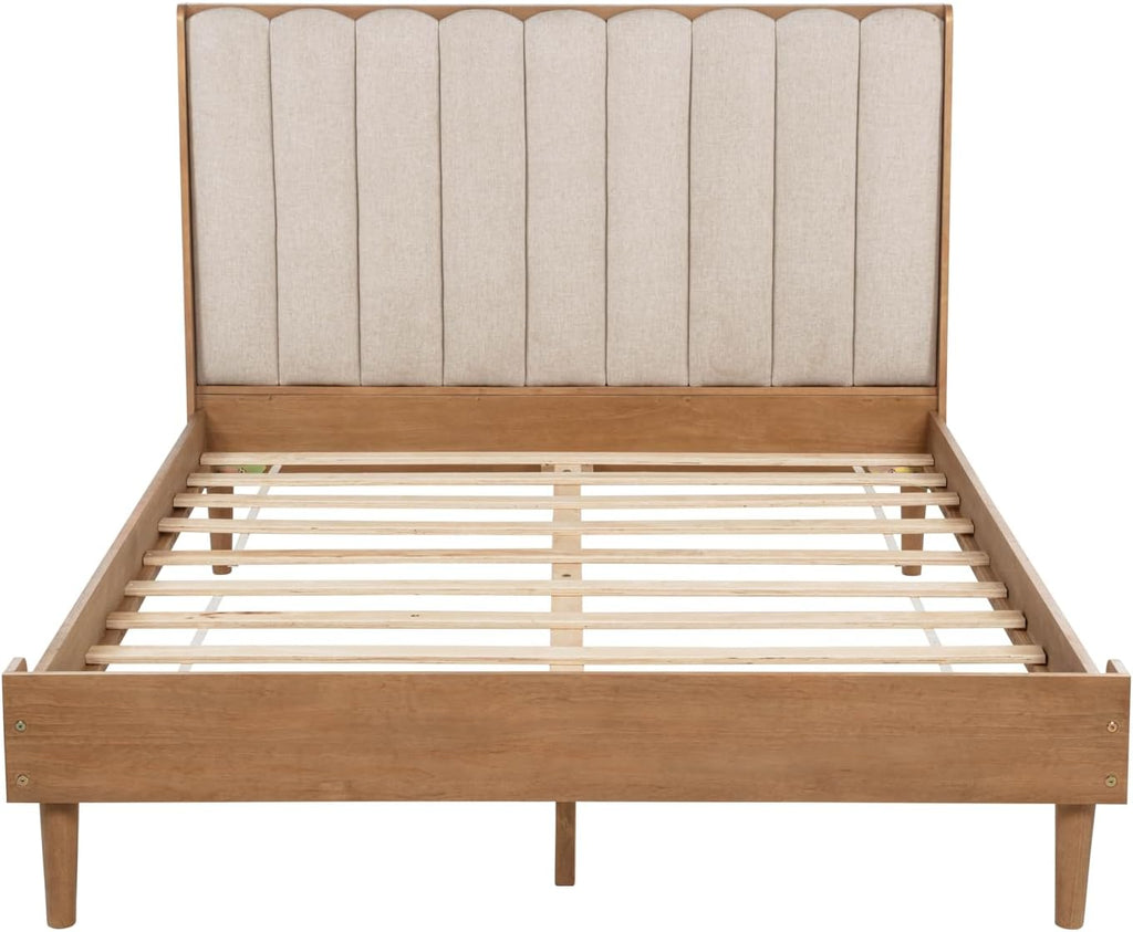 JIVOIT Queen Size Platform Bed with Piano Key Style Upholstered Headboard, Wood Bed with Strengthened Bed Frame, Wood Slats Support, No Box Spring Needed
