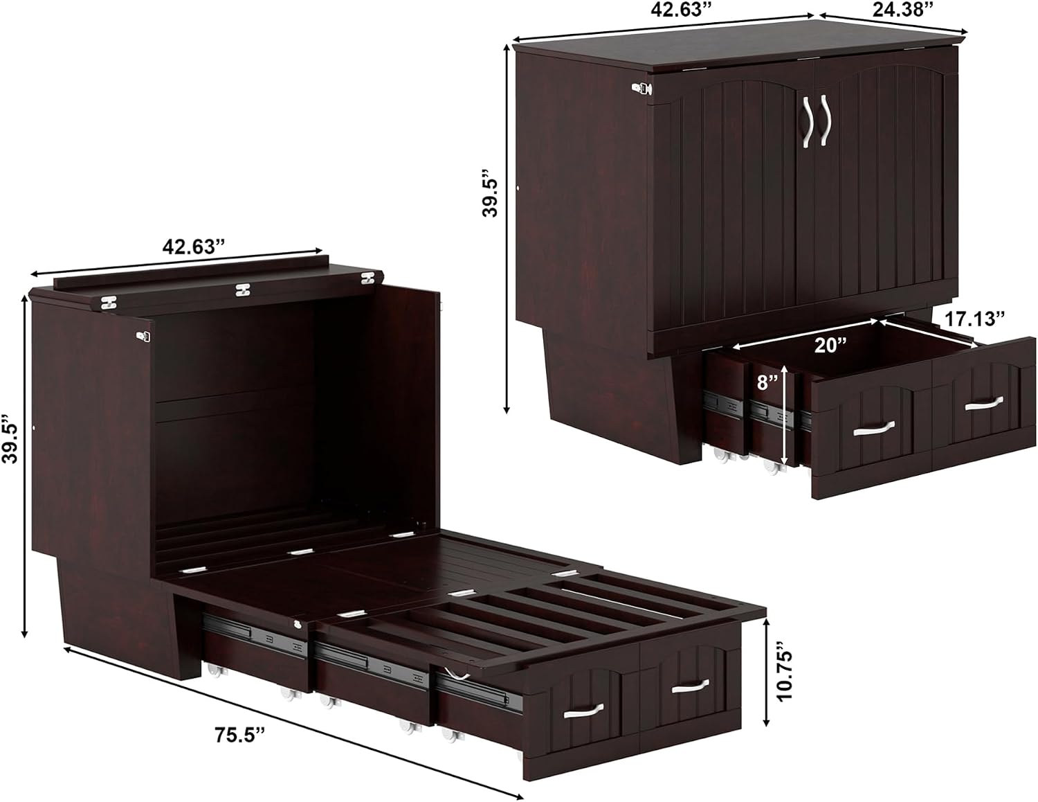 AFI, Nantucket Twin Murphy Bed Chest with Mattress, Storage Drawer and Built-In USB Charger, Espresso