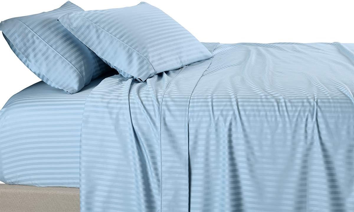 Royal Tradition Damask Striped 600-Thread-Count, 100-Percent Cotton Olympic Queen 4PC Bed Sheets Set, Blue