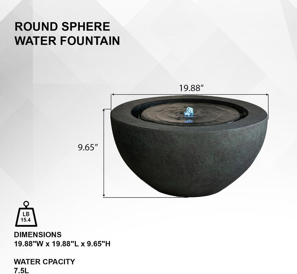 XBrand 19.8' W Round Sphere Water Fountain Indoor Outdoor with LED Light, Polyresin Bubbler Feature for Patio Garden Yard Home Décor, Dark Green
