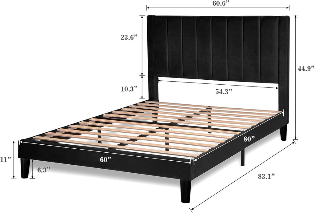 Allewie Queen Bed Frame/Velvet Upholstered Bed Frame with Vertical Channel Tufted Headboard/Strong Wooden Slats/Platform Bed Frame/Mattress Foundation/Box Spring Optional/Easy Assembly/Black