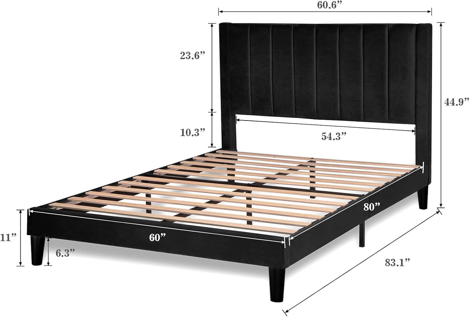 Allewie Queen Bed Frame/Velvet Upholstered Bed Frame with Vertical Channel Tufted Headboard/Strong Wooden Slats/Platform Bed Frame/Mattress Foundation/Box Spring Optional/Easy Assembly/Black