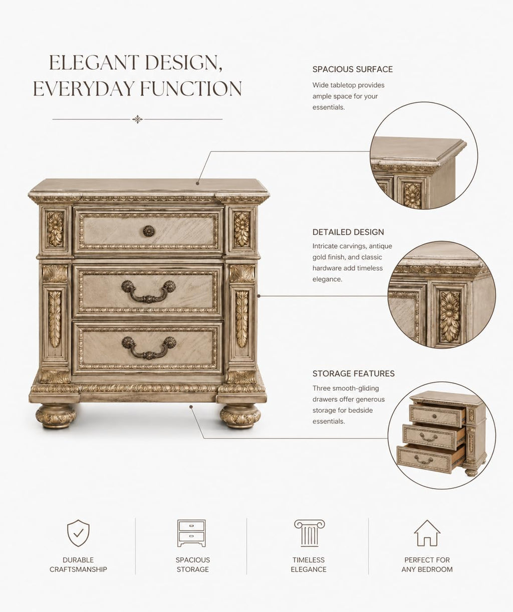 First of a Kind Carolina Gold Finish Traditional Nightstand, High Gloss Style Bedside Table, Upholstered Design, Ornate Carved Wood Accent Furniture for Coordinated Bedroom Interiors
