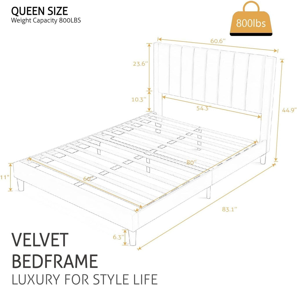SHA CERLIN Queen Bed Frame/Velvet Upholstered Platform Bed Frame with Headboard/Strong Wood Slats Support/Mattress Foundation/No Box Spring Needed - Pink