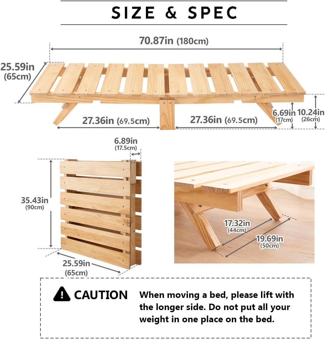 EMOOR Foldable Wood Slatted Floor Bed Frame OSMOS Daybed Size (26x71in) Solid Pine (Earth-Natural), Easy Assembly Space Saving Storable Floor Life Tatami