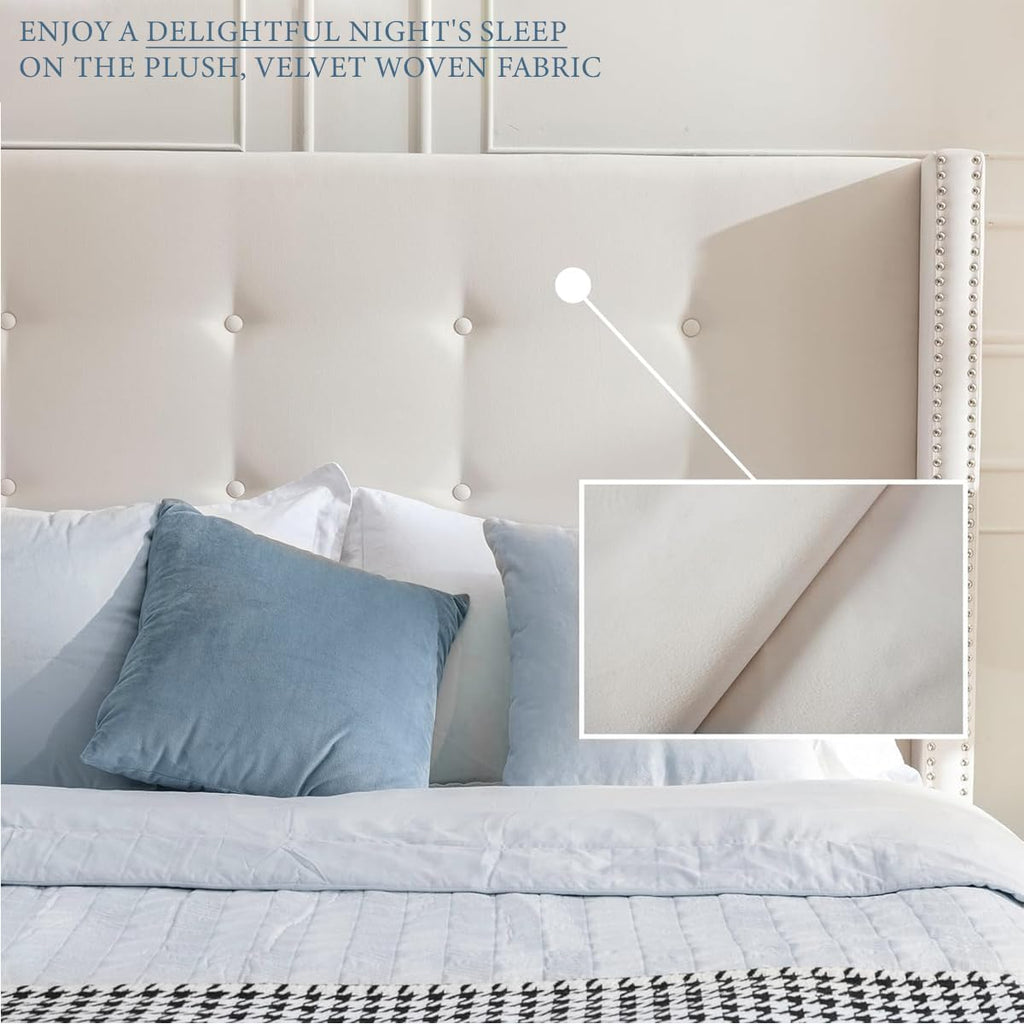 Queen Size Bed Frame,54'High Headboard Button Tufted Nailhead Trimmed Backrest Headboard,Velvet Metal Upholstered Platform Bed Frame,Wooden Slats Provide Strong Support,No Springs Required