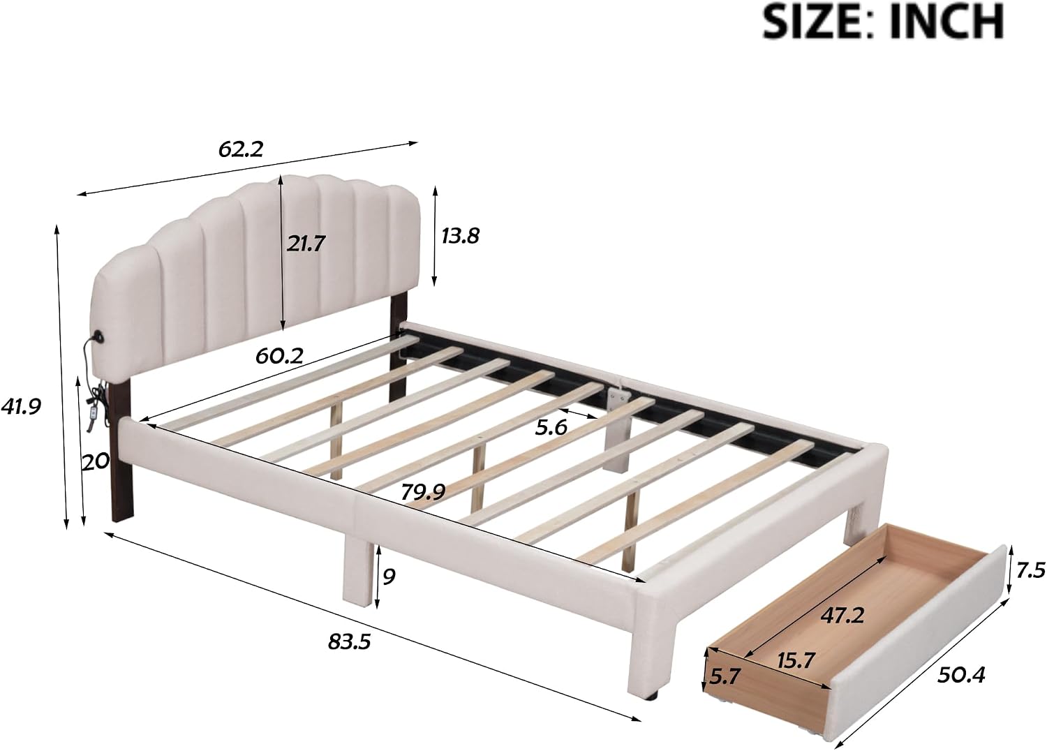 KLMM Chic Teddy Fleece Queen Size Upholstered Platform Bed with Drawer,LED Lights and 2 USB Ports,for Kids Teens Adults Bedroom Use (Beige@Drawer, Queen)