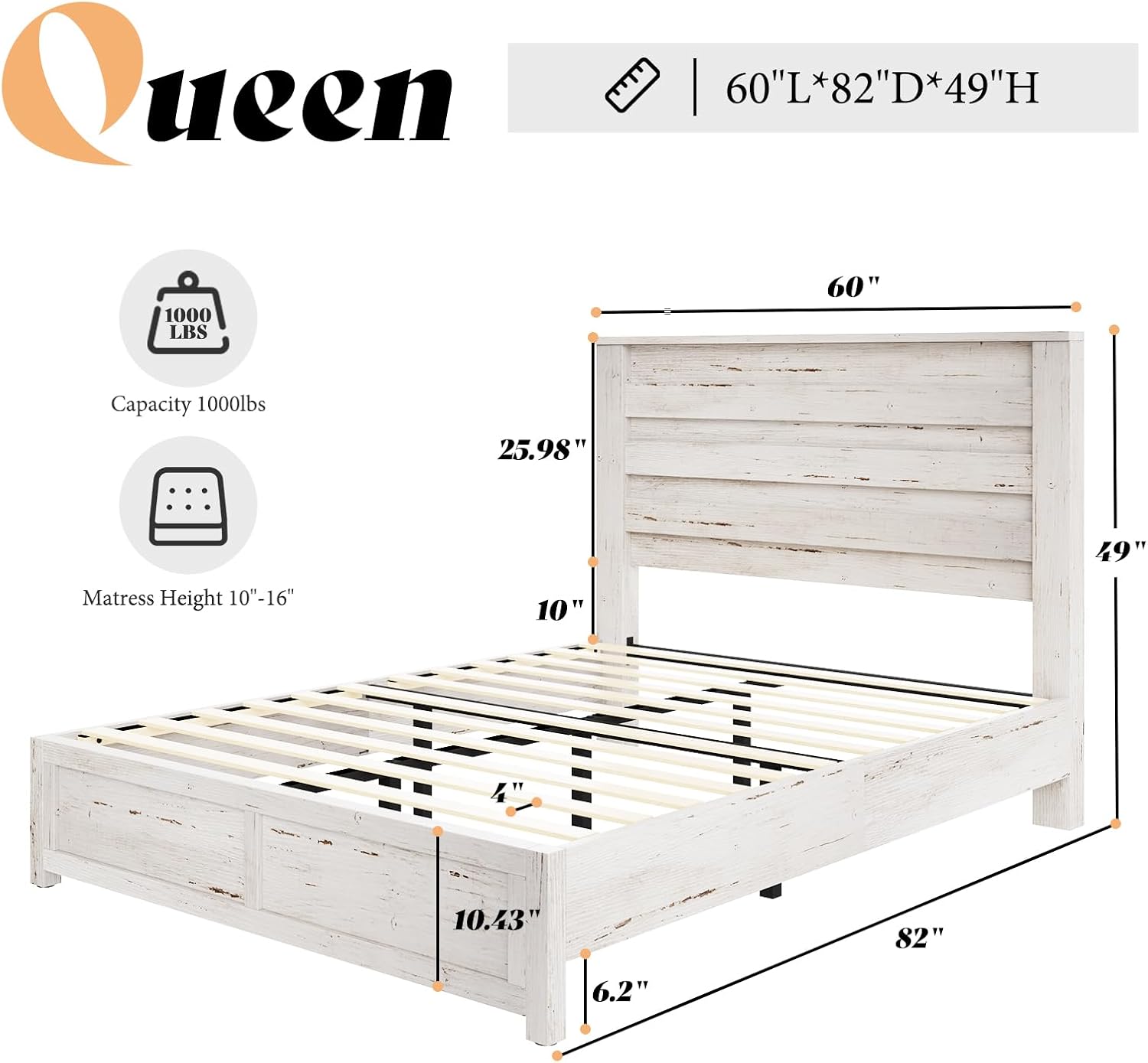AMERLIFE Farmhouse Queen Size Bed Frame with 49' Fluted Headboard, Wood Platform Bed with Natural Grain, No Box Spring Needed/Noise Free, Distressed White
