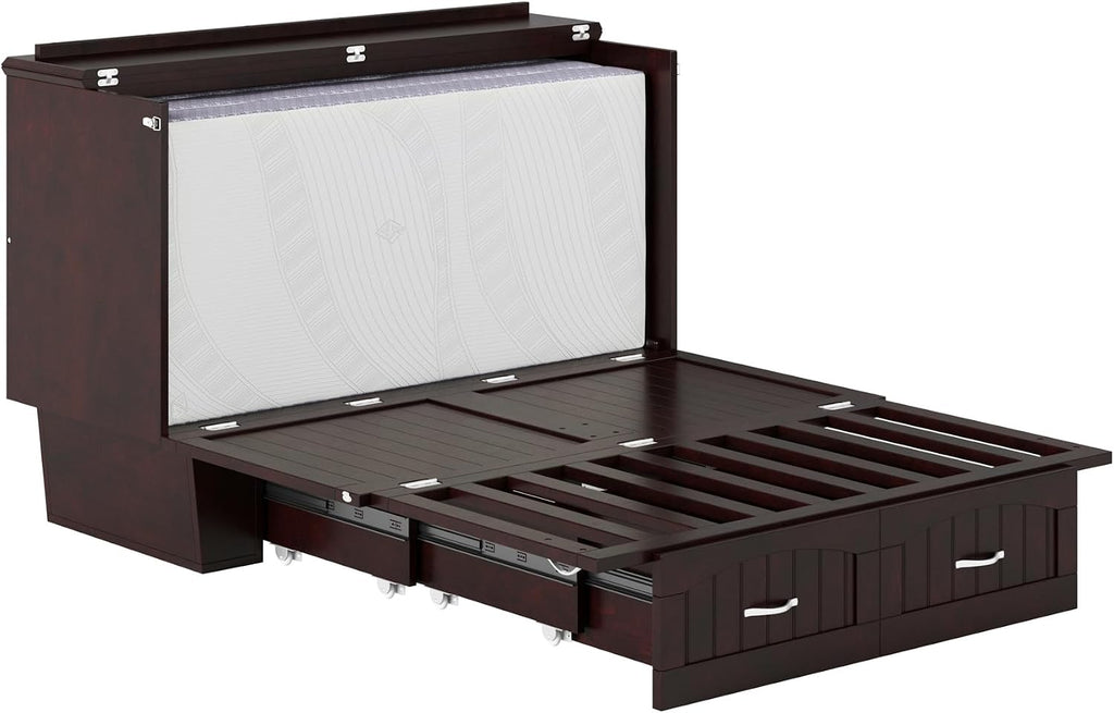 AFI, Nantucket Full Size Murphy Bed Chest with Mattress, Built-in Charging Station and Storage Drawer, Full, Espresso