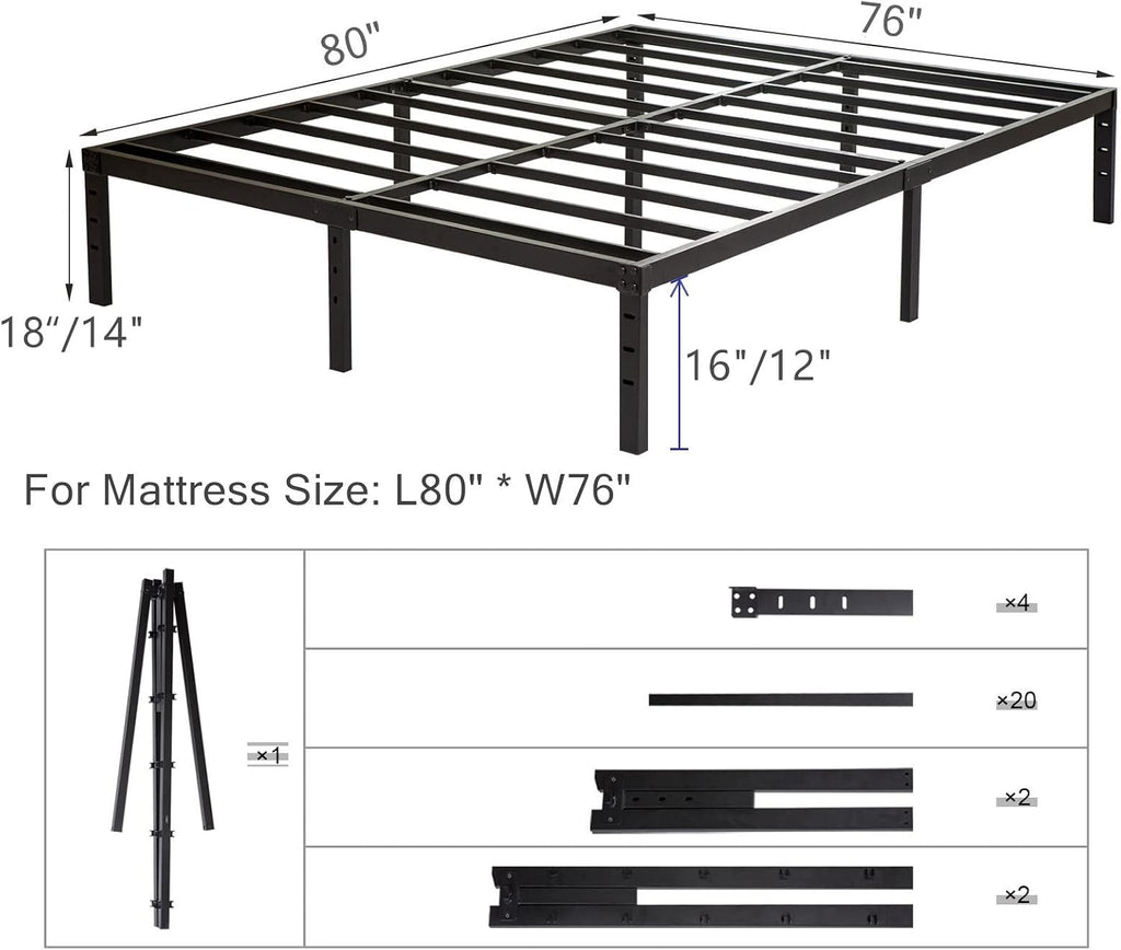 Wulanos King Size Bed Frame 18 inch Tall, 3500lbs Heavy Duty Metal Platform with Steel Slats Support, No Box Spring Needed, 18-inch Bedframe with Ample Storage, Sturdy and Noise-Free, Black