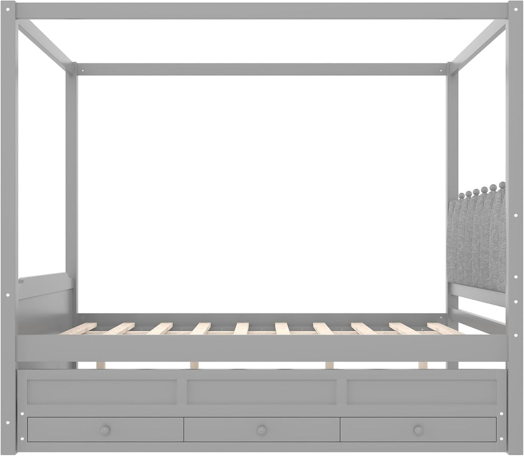 Full Size Wood Canopy Bed with Upholstered Headboard, Twin Size Trundle and 3 Drawers, No Box Spring Needed (Gray, Full)