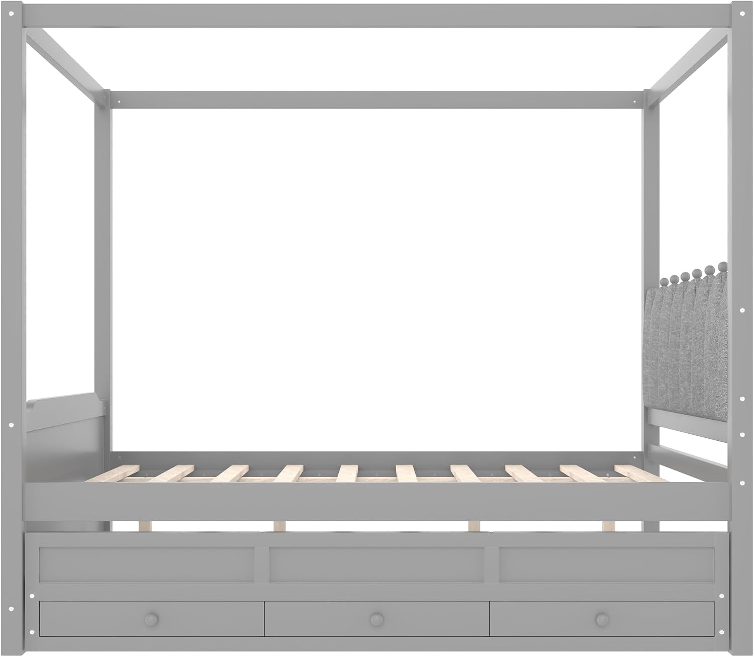 Full Size Wood Canopy Bed with Upholstered Headboard, Twin Size Trundle and 3 Drawers, No Box Spring Needed (Gray, Full)