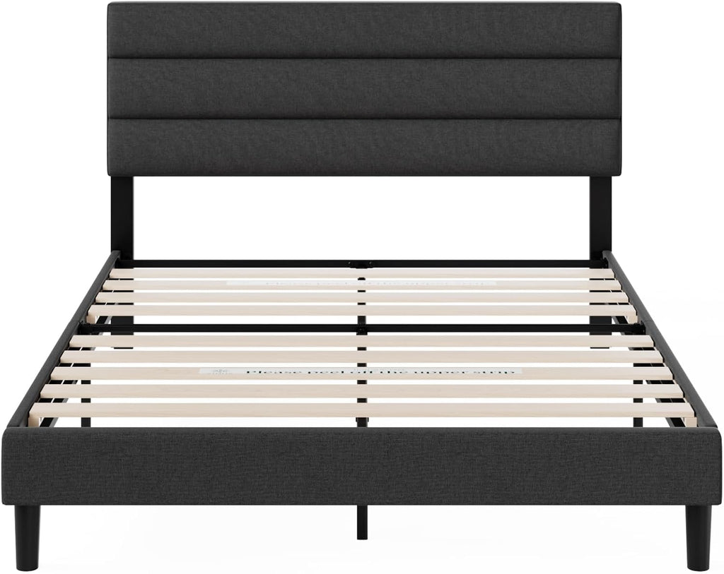 Zinus Queen Piper Upholstered Platform Bed with Horizontal Paneled Headboard, Wooden Slat Support, No Box Spring Needed, Easy Assembly, Eco Friendly Packaging, Dark Grey