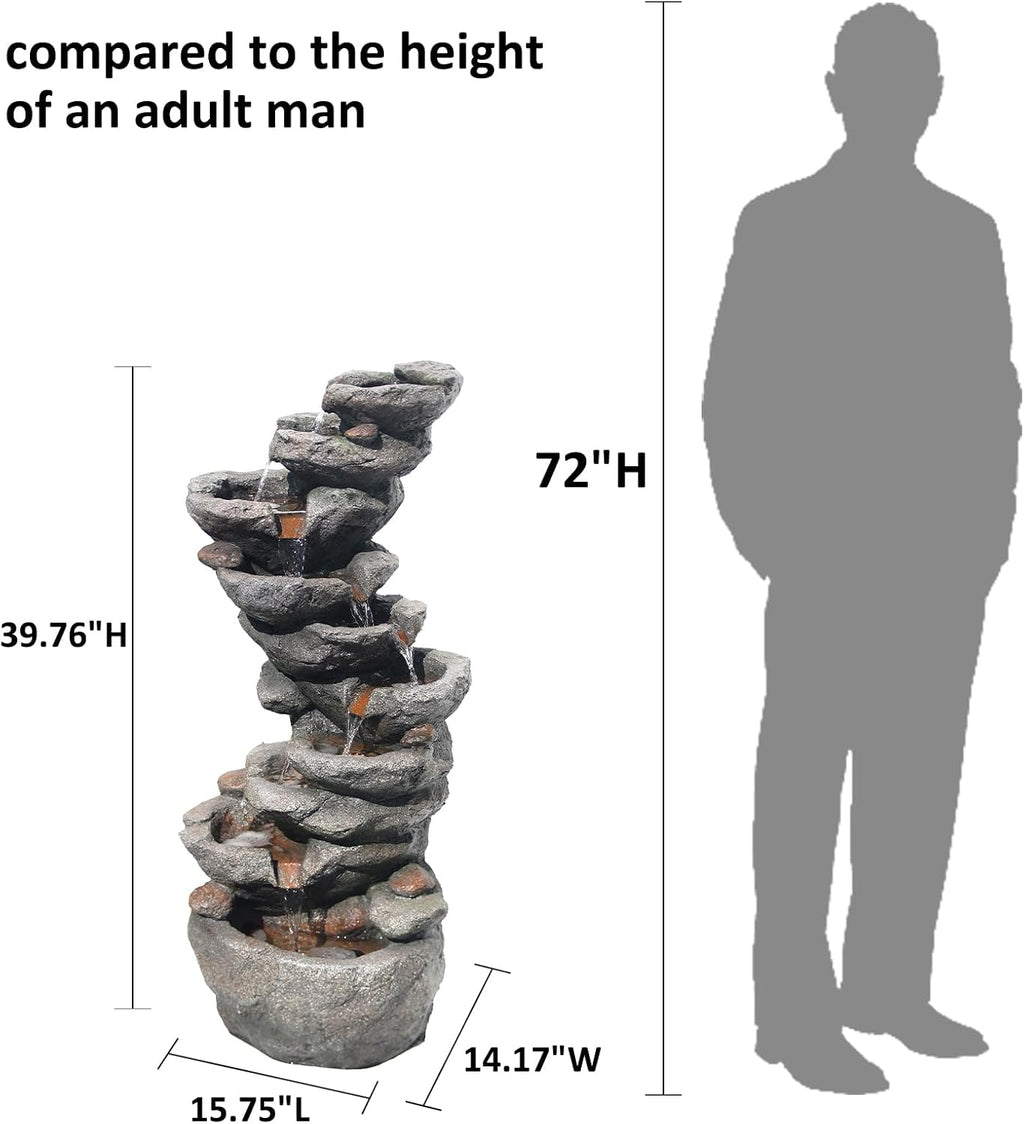YZM 10-Tier Cascading Rock Water Fountain Outdoor Garden Waterfall Fountains Patio Backyard Deck Porch Pond Art Decor for Outside 39.76' H Outdoor Feature with LED Lights
